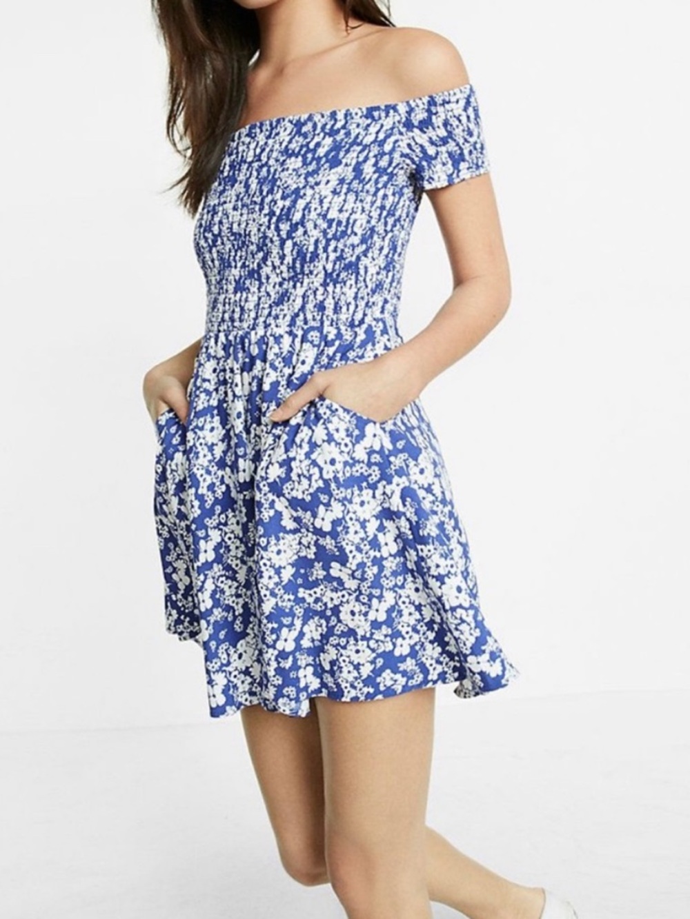 Express Blue and White Floral Off-the-Shoulder Mini Dress